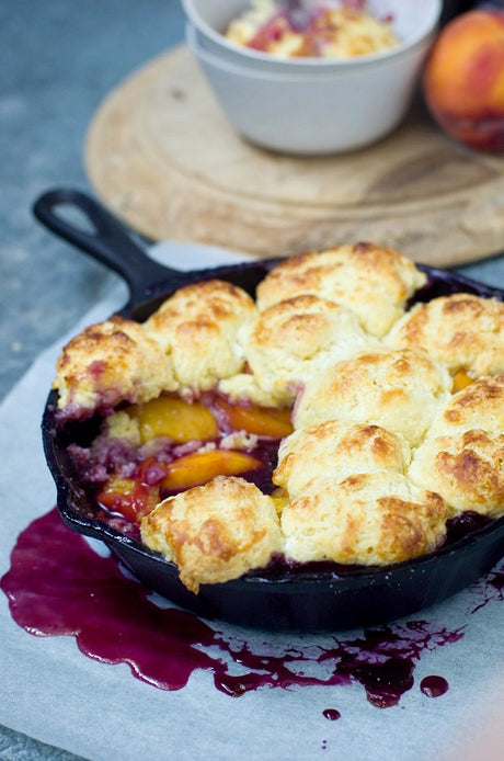 Peach & Blueberry Cobbler in Lodge Cast Iron Skillet