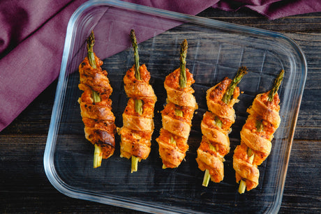 Asparagus and Pimento Cheese Puff Pastries in a Pyrex Dish