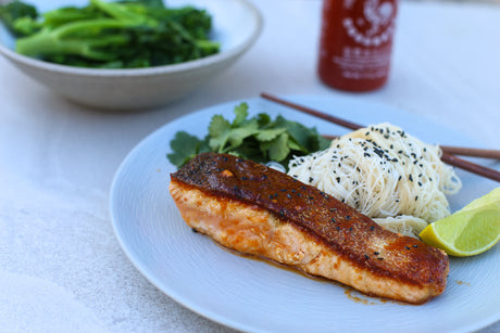 15 Minute Recipe Sriracha Maple Glazed Salmon with Cold Sesame Noodles