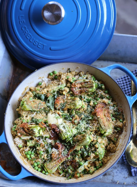 Spring Vegetable Millet Risotto with Stuffed Zucchini Flowers