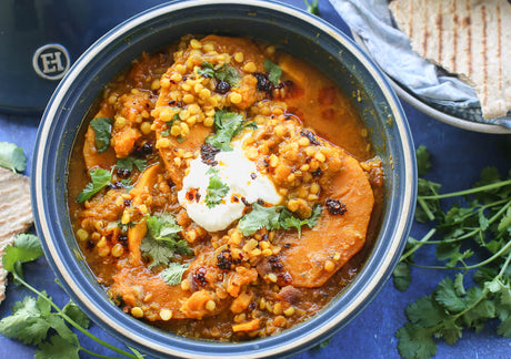 Pumpkin and Yellow Lentil Tagine-Overhead with accompaniments