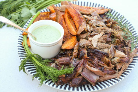 Lemon and Harissa Roast Lamb Shoulder with Spiced Sweet Potato Wedges