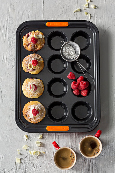 White Chocolate and Raspberry Muffins in the Le Creuset TNS Muffin Tray