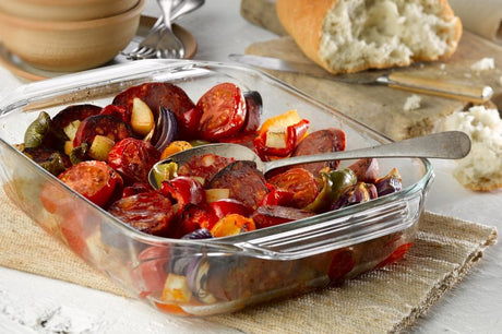 Roasted Vegetables with Chorizo Sausage in a Pyrex Roaster