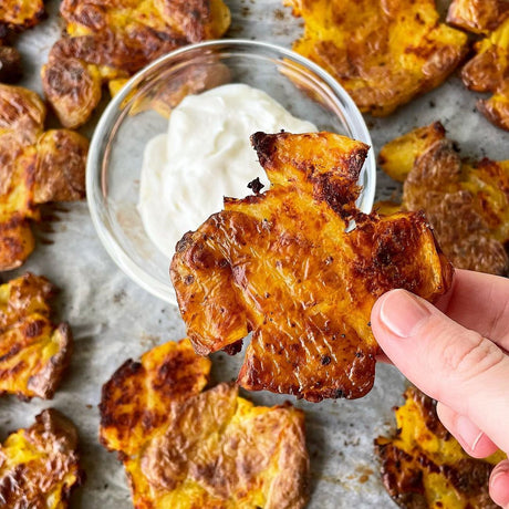 Crispy Smashed Potatoes in Roasting Pan