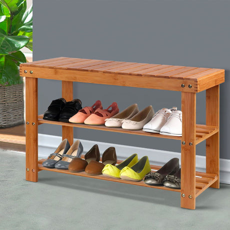 Artiss Bamboo 3 Tier Bench Shoe Rack Shelf Storage - Image 02