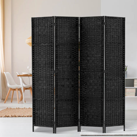 Artiss 4 Panel Rattan Room Divider Black - Image 02