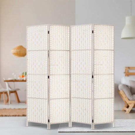 Artiss 4 Panel Rattan Room Divider White - Image 02