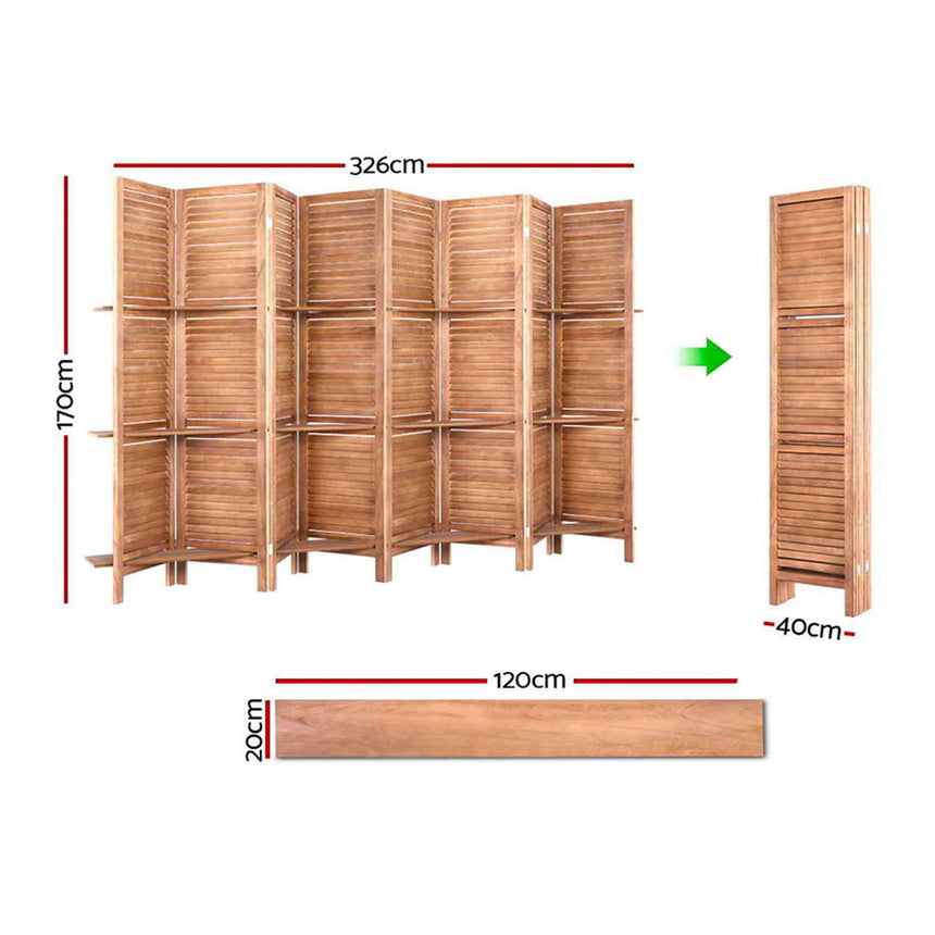 Artiss 8 Panel Wooden Room Divider with Shelf Brown - Image 06