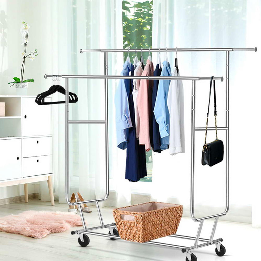 Artiss Double Rail Portable Clothes Drying Rack Silver - Image 02