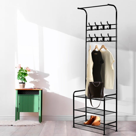 Artiss Coat Stand and Shoe Organiser Black - Image 02