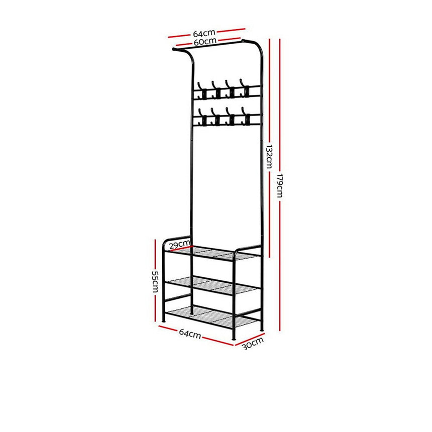 Artiss Coat Stand and Shoe Organiser Black - Image 03