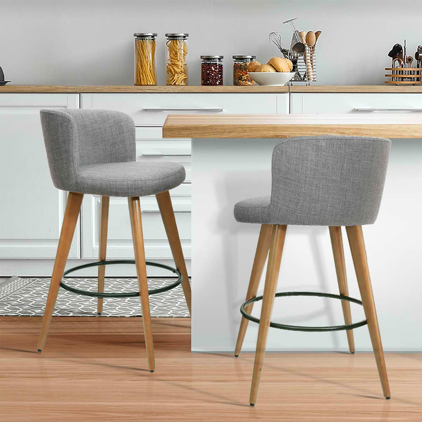 Artiss Wooden Fabric Bar Stool Set of 2 Grey - Image 02