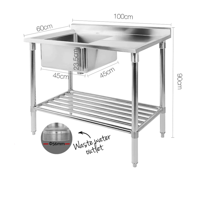 Cefito 304 Stainless Steel Kitchen Bench with Sink 100x60cm - Image 03