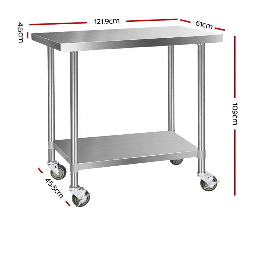 Cefito 304 Stainless Steel Kitchen Bench with Wheels 121.9x61cm - Image 03