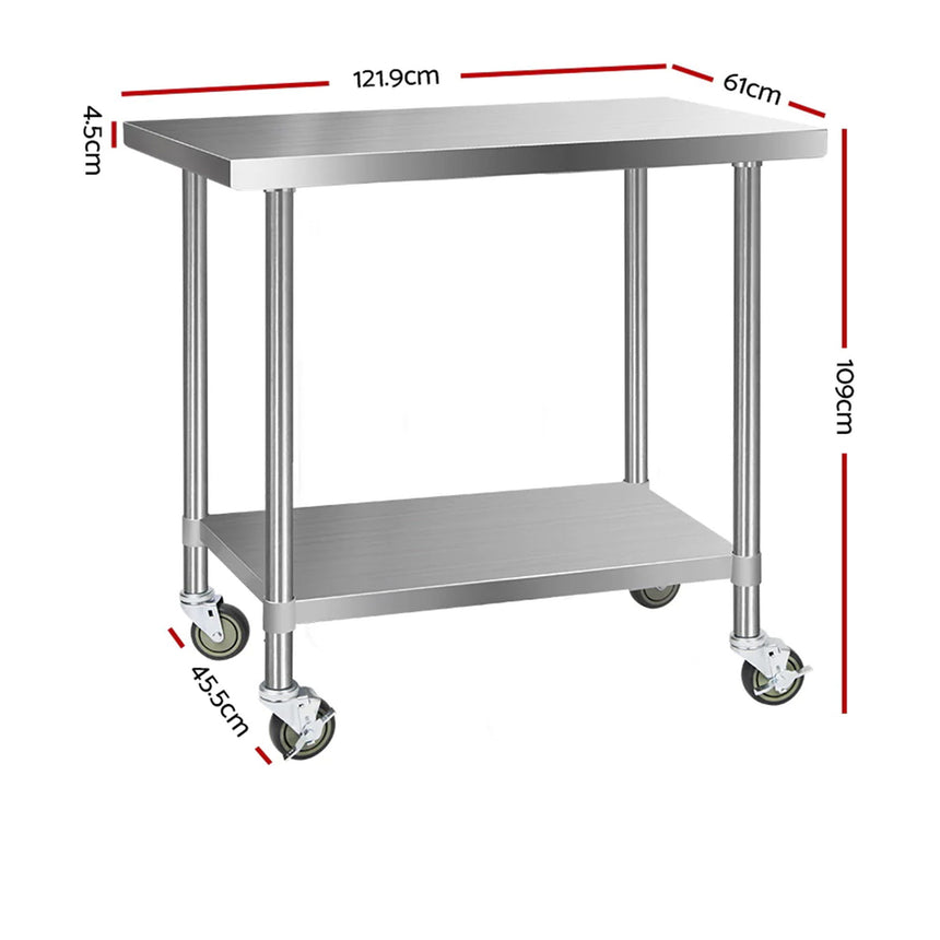 Cefito 430 Stainless Steel Kitchen Bench with Wheels 121.9x61cm - Image 03