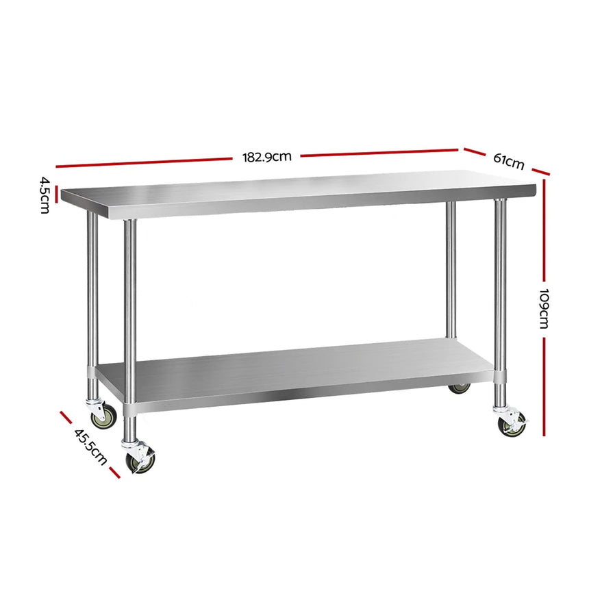 Cefito 430 Stainless Steel Kitchen Bench with Wheels 182.9x61cm - Image 03