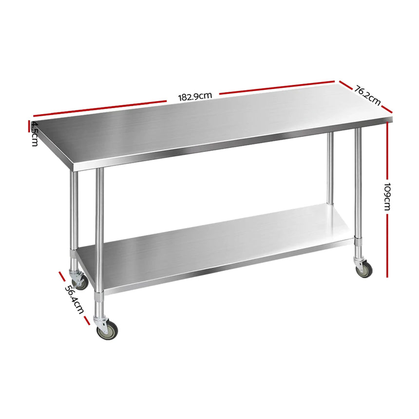 Cefito 430 Stainless Steel Kitchen Bench with Wheels 182.9x76cm - Image 03