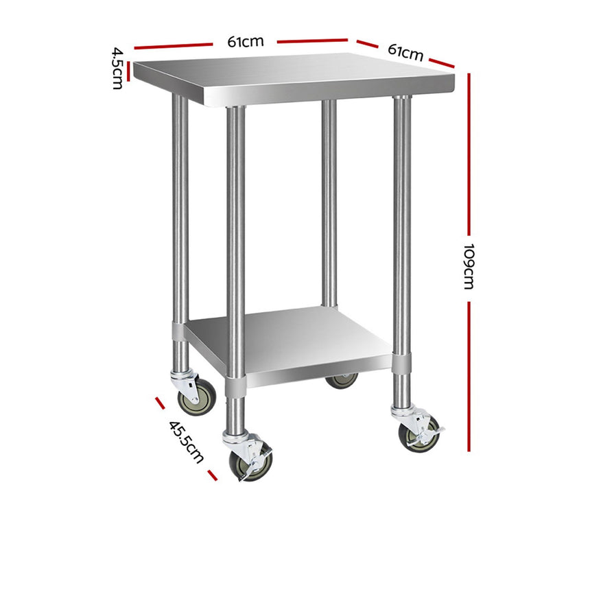 Cefito Square 430 Stainless Steel Kitchen Bench with Wheels 61cm - Image 03