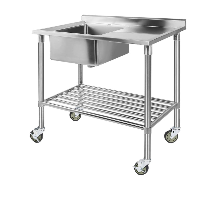 Cefito 304 Stainless Steel Kitchen Bench with Sink and Wheels 100x60cm - Image 01