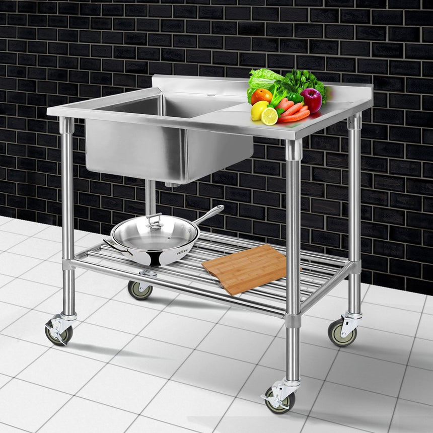 Cefito 304 Stainless Steel Kitchen Bench with Sink and Wheels 100x60cm - Image 02