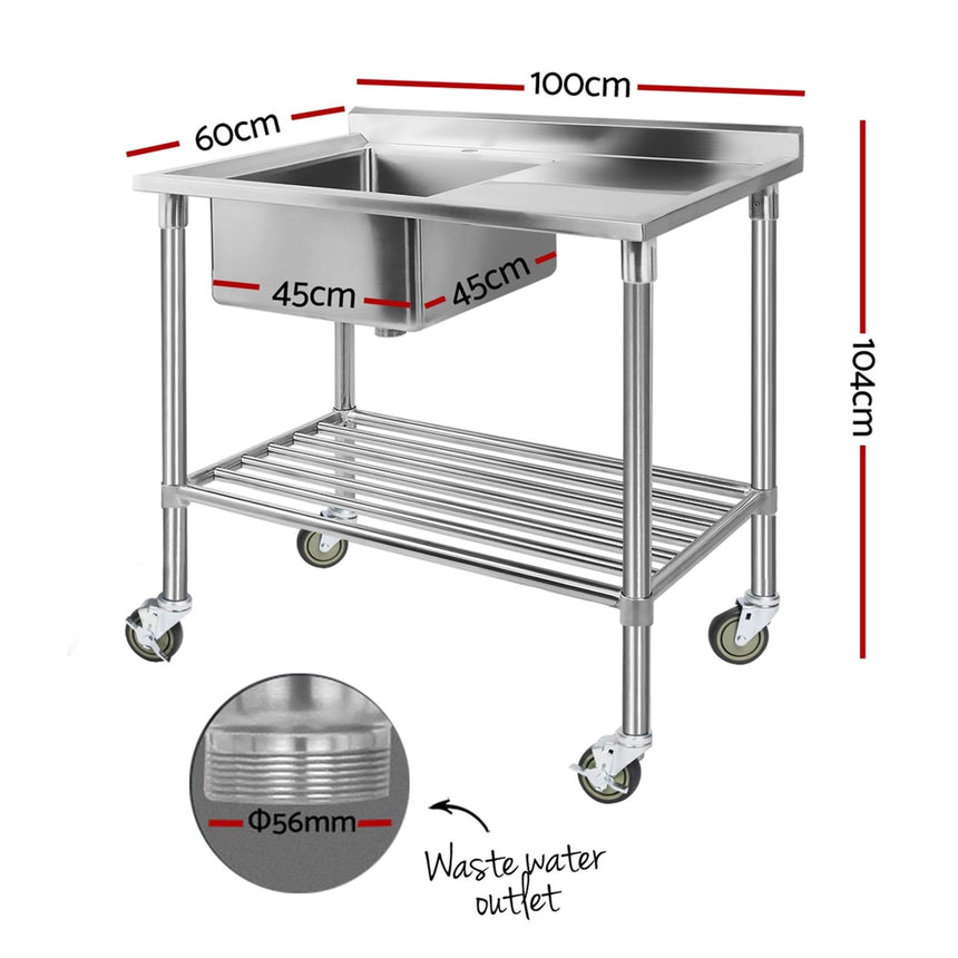 Cefito 304 Stainless Steel Kitchen Bench with Sink and Wheels 100x60cm - Image 04