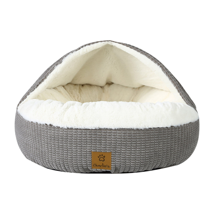 Charlie's Snookie Hooded Calming Dog Bed Medium Grey - Image 01