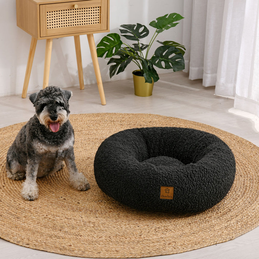 Charlie's Teddy Fleece Round Calming Dog Bed Small Charcoal - Image 02