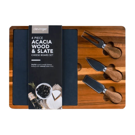 Clevinger Acacia Wood & Slate Cheese Board with Knife Set 4pc - Image 01