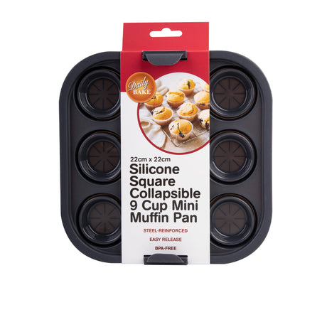 Daily Bake Silicone Square Collapsible 9 Cup Mini Muffin Pan 22x22cm Charcoal - Image 02