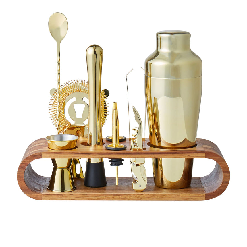 Davis & Waddell Cocktail Set with Acacia Stand 10pc Gold - Image 01