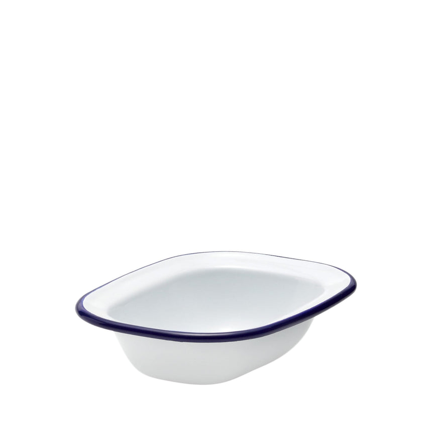 Falcon Enamel Oblong Pie Dish in White with in Blue Rim 16x12cm - Image 01