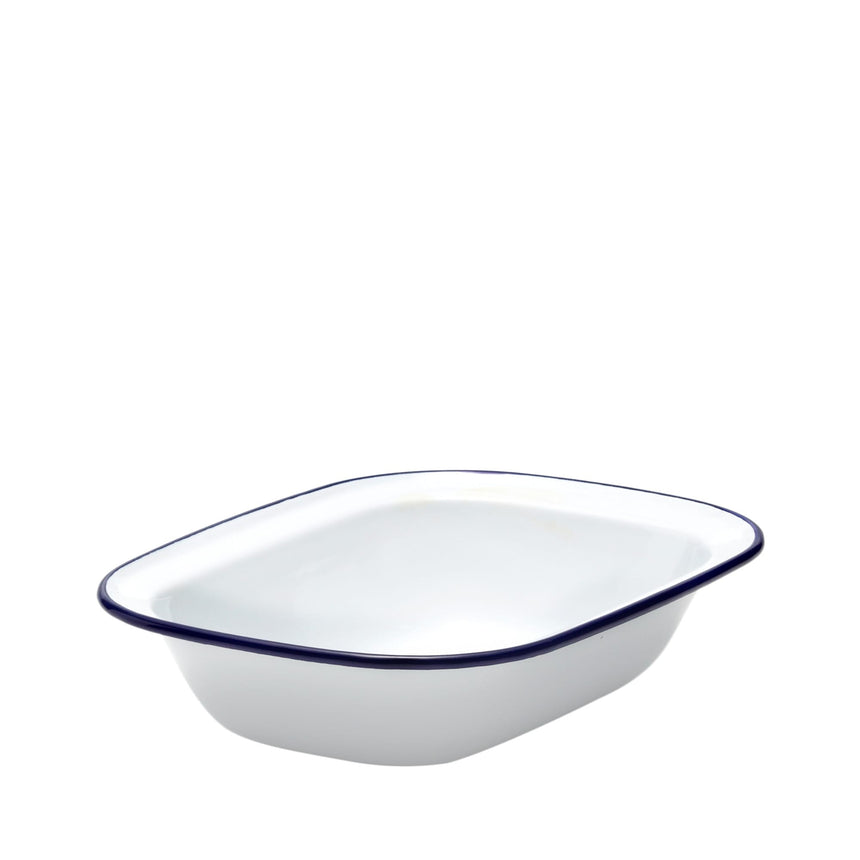 Falcon Enamel Oblong Pie Dish in White with in Blue Rim 24x18cm - Image 01