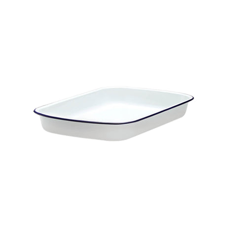 Falcon Enamel Rectangle Baking Tray in White with in Blue Rim 24x18x3cm - Image 01