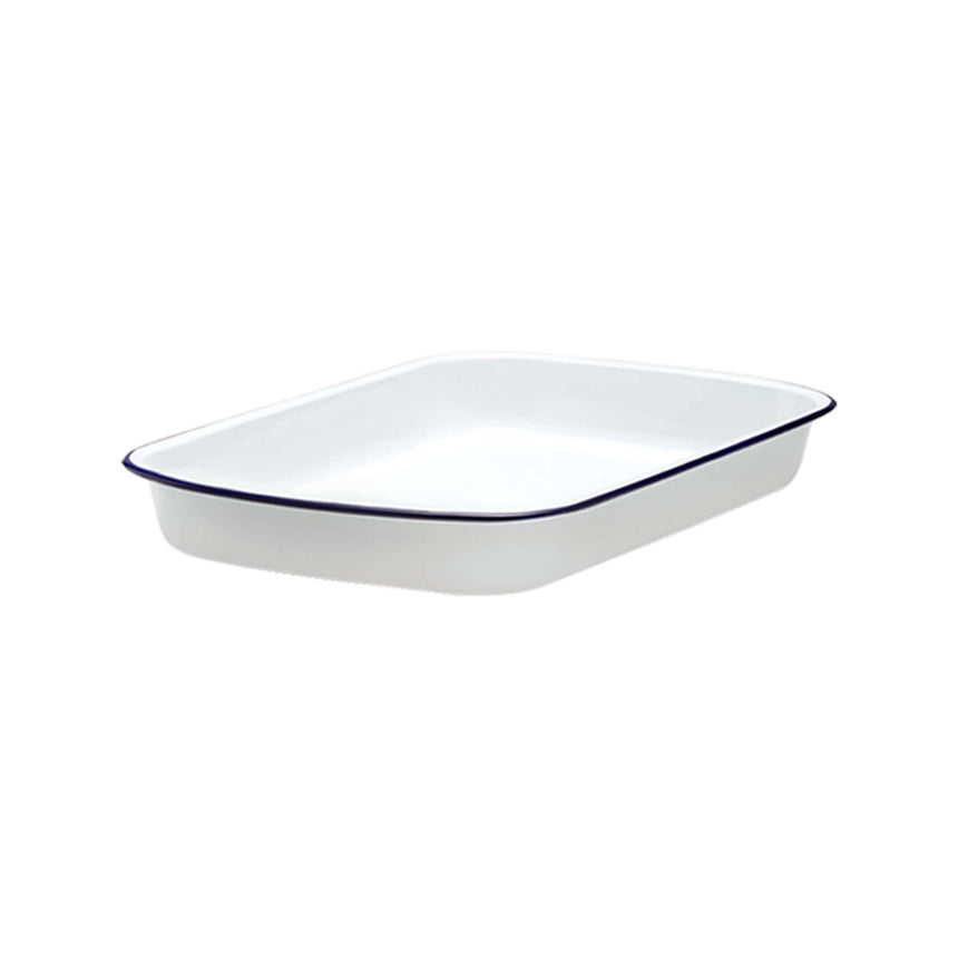 Falcon Enamel Rectangle Baking Tray in White with in Blue Rim 28x22x3cm - Image 01