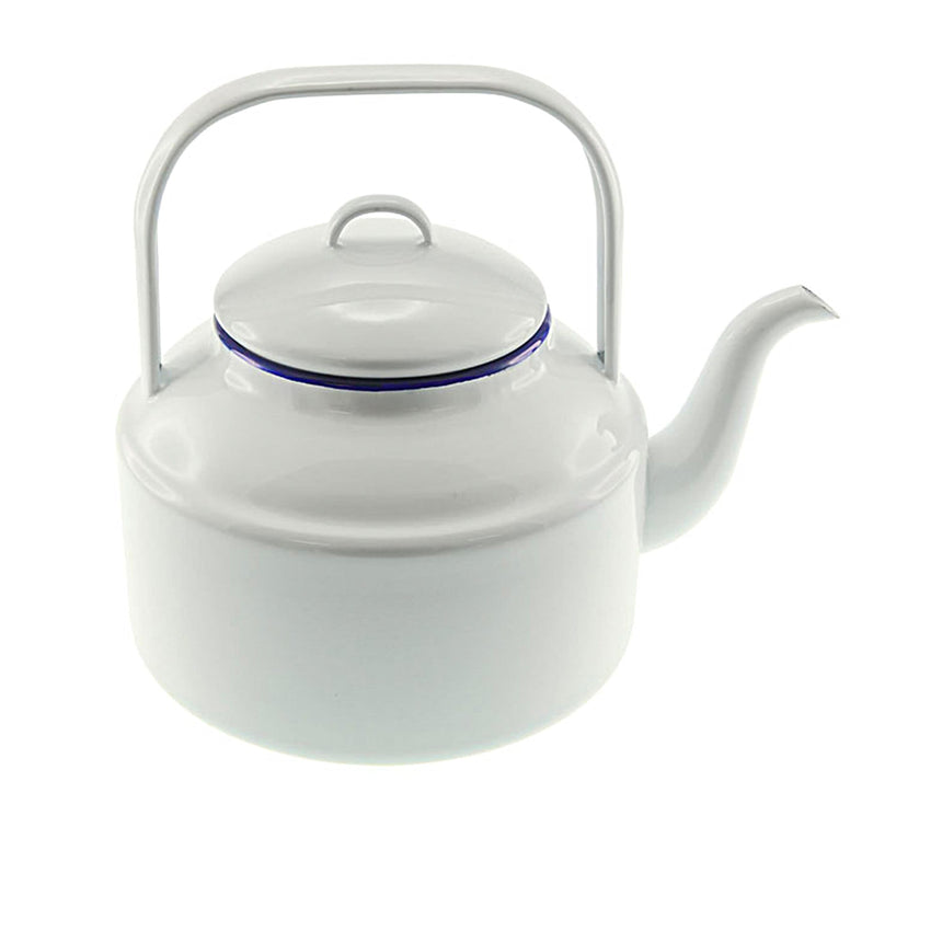 Falcon Enamel Tea Kettle in White with in Blue Rim 2 Litre - Image 01