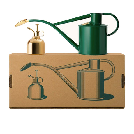 Haws Classic Green Watering Can 1 Litre & Brass Mist 300ml Set Gift Boxed - Image 01