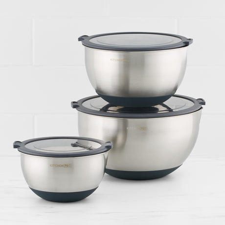 Kitchen Pro Mixwell Mixing Bowl with Clear Lid Set 3pc Grey - Image 01