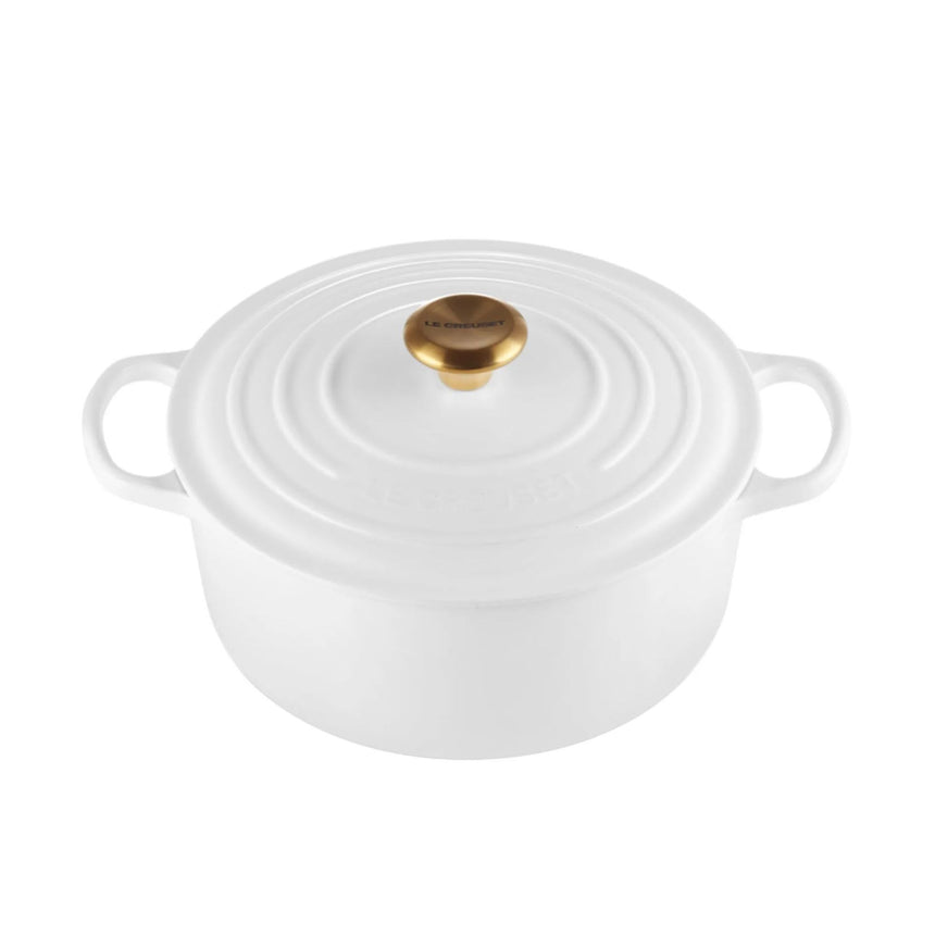 Le Creuset Signature Cast Iron Round Casserole 26cm - 5.3L White with Gold Knob - Image 01