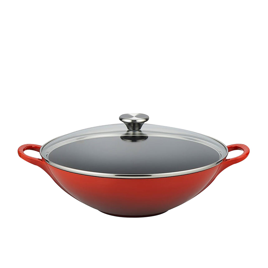 Le Creuset Signature Cast Iron Wok with Glass Lid 32cm Cerise - Image 01