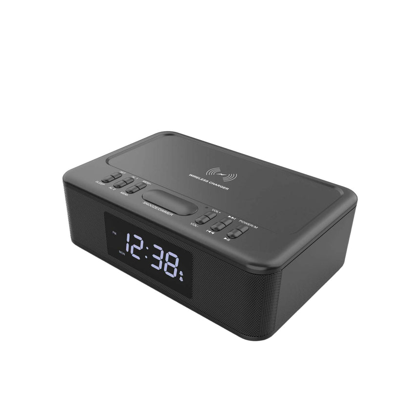 Lenoxx FM Clock Radio with Wireless Charger and Bluetooth Black - Image 01