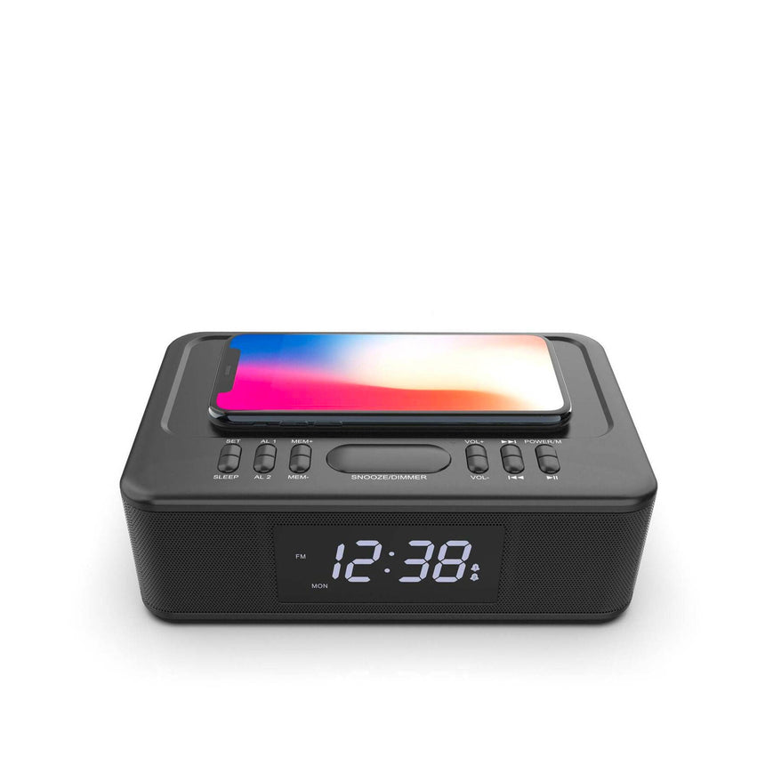 Lenoxx FM Clock Radio with Wireless Charger and Bluetooth Black - Image 02