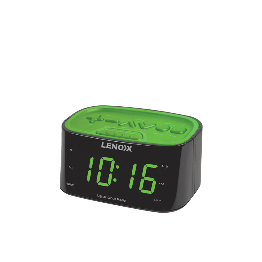 Lenoxx FM Radio Dual Alarm Clock with USB Charging Port Black/Green - Image 01