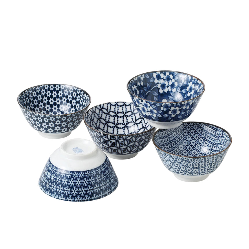 Japanese Collection Nami Porcelain Bowl Set of 5 in Blue - Image 01