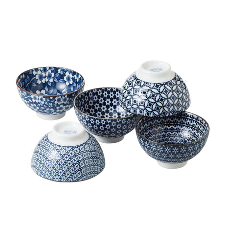 Japanese Collection Nami Porcelain Rice Bowl Set of 5 in Blue - Image 01