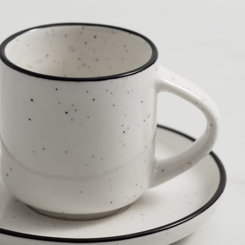 Salisbury & Co Mona Espresso Cup and Saucer 80ml in White with in Black Speckle - Image 04