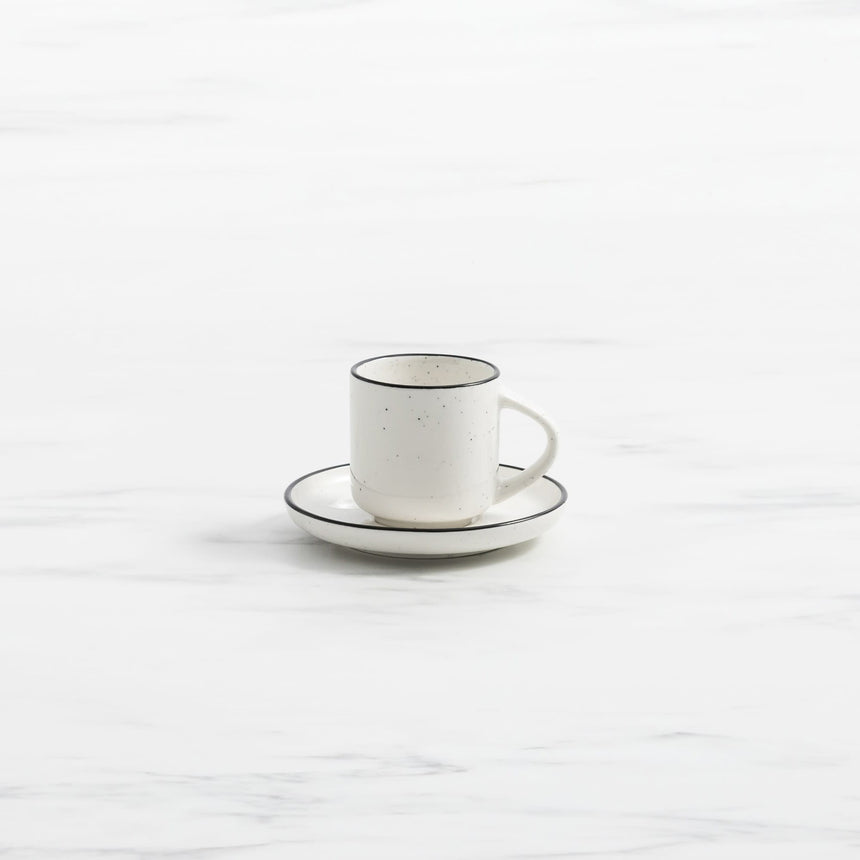 Salisbury & Co Mona Espresso Cup and Saucer 80ml in White with in Black Speckle - Image 01