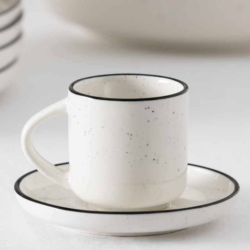 Salisbury & Co Mona Espresso Cup and Saucer 80ml in White with in Black Speckle - Image 02