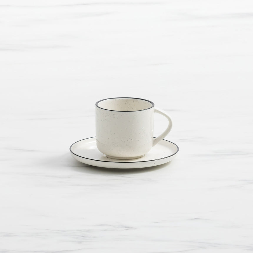 Salisbury & Co Mona Tea Cup and Saucer 240ml in White with in Black Speckle - Image 01