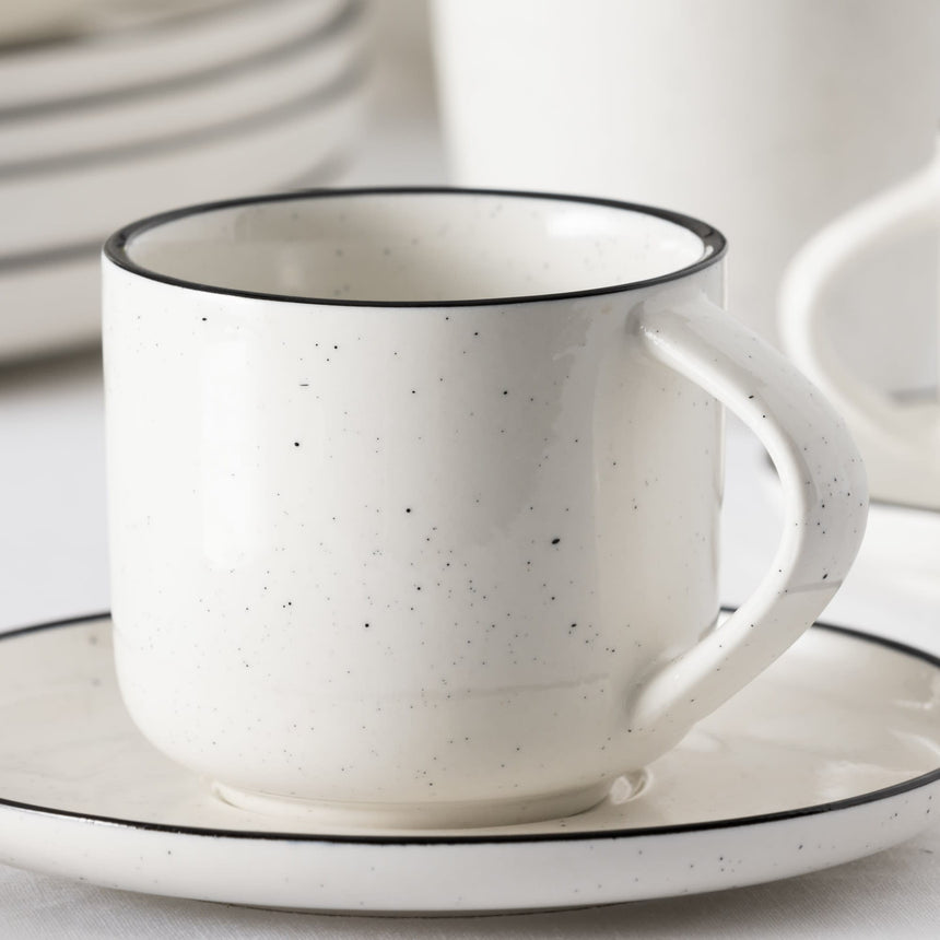 Salisbury & Co Mona Tea Cup and Saucer 240ml in White with in Black Speckle - Image 03